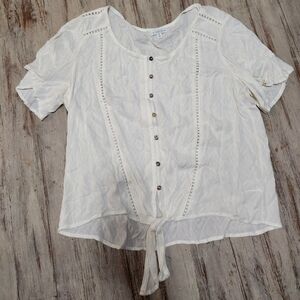 Ophelia roe boho tie XL button white top Beachy shirt summertime blouse
